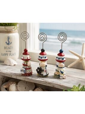 Set of 3 Nautical Lighthouse Photo Memo Card Holders Coastal Beach Decor